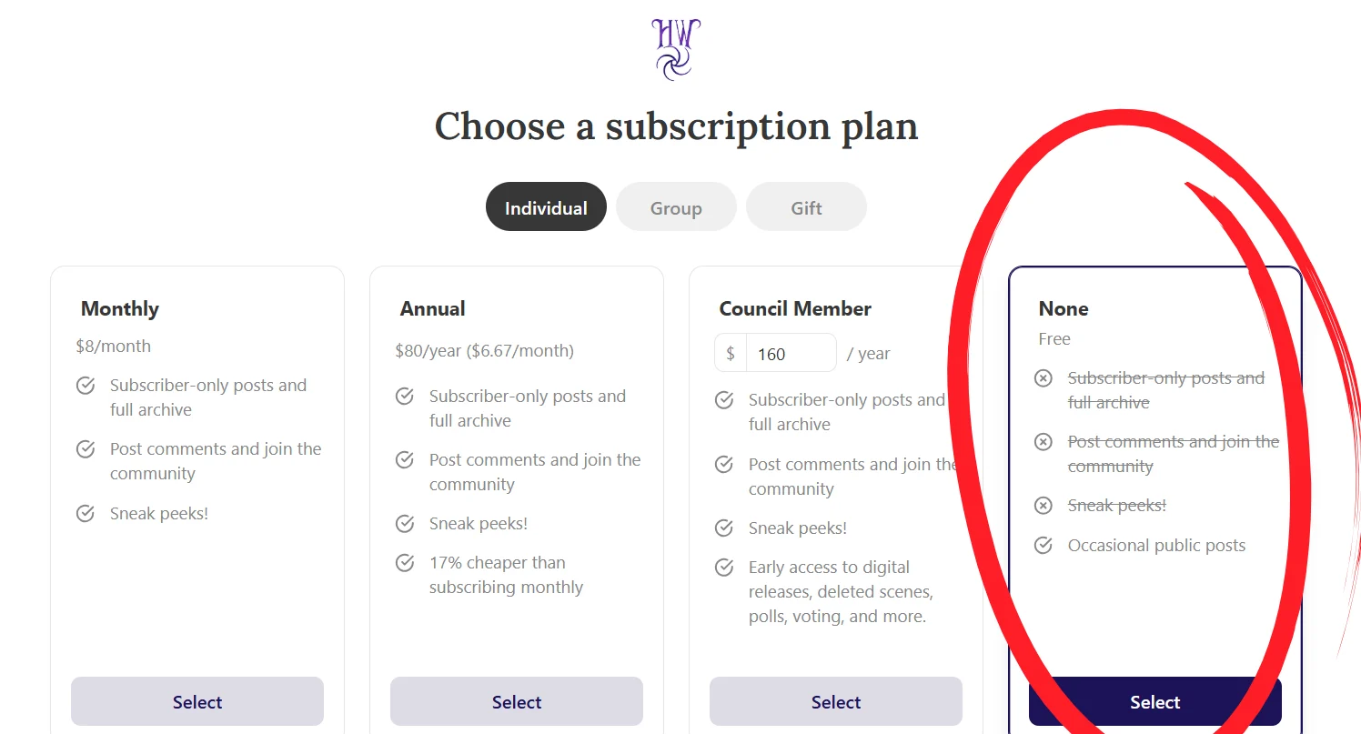 Substack subscription plan - The last subscription option on the screen is the free option